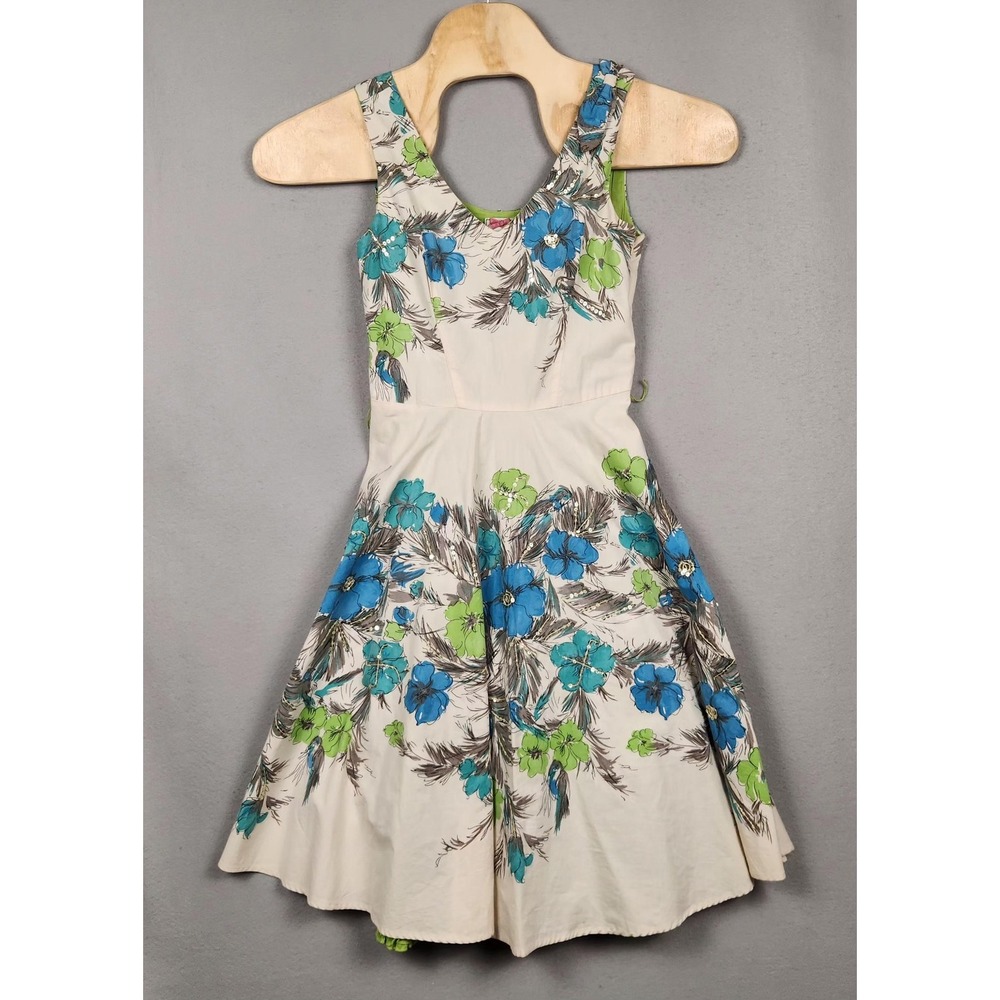Yoana Baraschi Dress Womens 2 White Blue Green Floral Fit & Flare‎ Sequin Lined